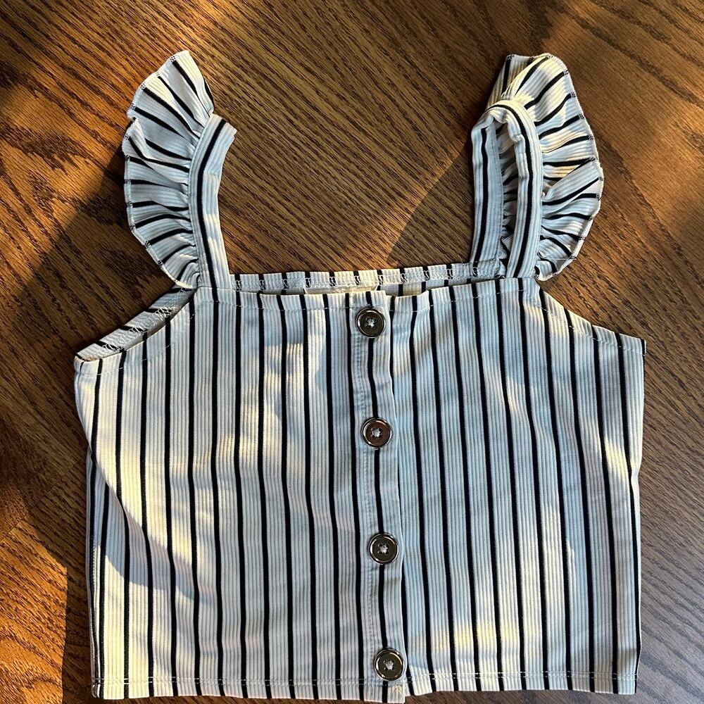 Rare Editions Y2K White Black Strip Ruffled Straps  Gold Button Crop Top